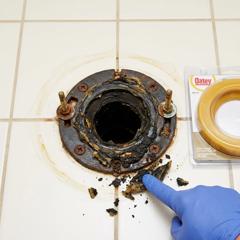 Failed wax ring showing water seepage at the base of a toilet in a Jackson, MN home